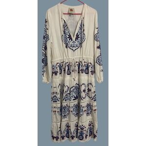 Farm Rio Embroidered Boho  Maxi Dress‎ L Hippie Resort Vacation